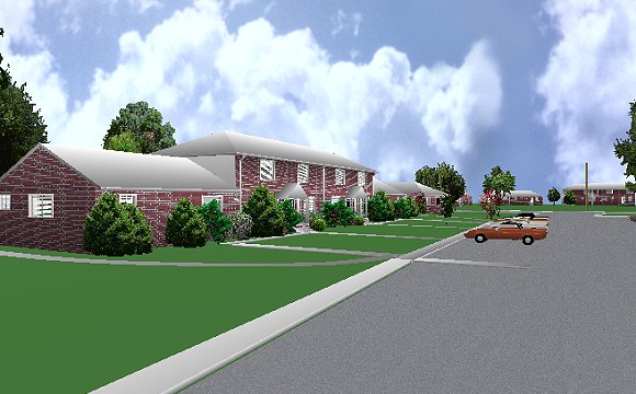 The Jeffrey MacDonald Case: CJ000220.JPG: Representation of view facing northeast down Castle Drive. The MacDonald apartment is approximately in front of and to the right of the red car.