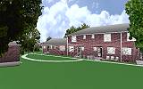 The Jeffrey MacDonald Case: CJ000222.JPG: Representation of back view of the Jeffrey MacDonald apartment building, facing southeast.  Utility room door is at left end of building; kitchen door is just to the right of center.