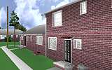 The Jeffrey MacDonald Case: CJ000222.JPG: Representation of back view of the Jeffrey MacDonald apartment building, facing southeast.  Utility room door is at left end of building; kitchen door is just to the right of center.