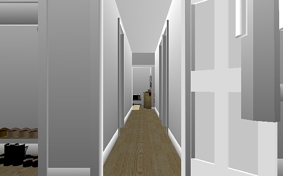 The Jeffrey MacDonald Case: CJ000238.JPG: Representation of hallway in the Jeffrey MacDonald apartment, facing west from master bedroom