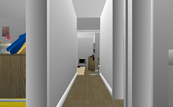 The Jeffrey MacDonald Case: CJ000239.JPG: Representation of hallway in the Jeffrey MacDonald apartment, facing west from mid-hallway