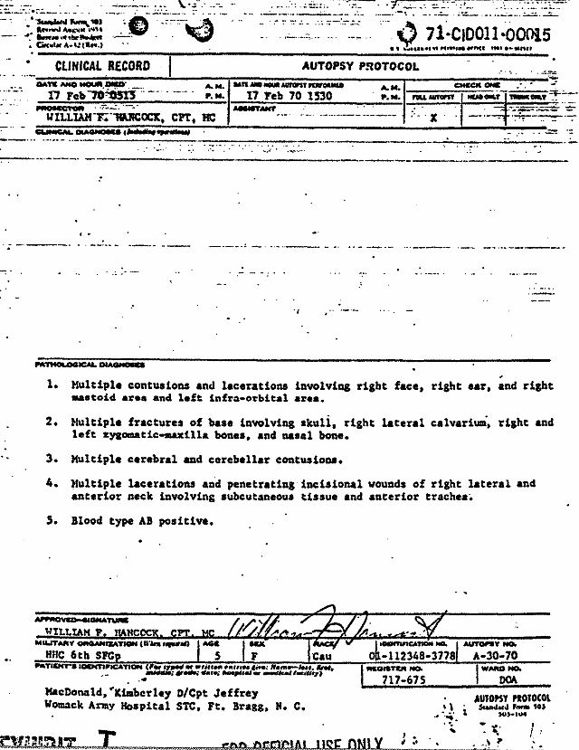 February 17, 1970: Certificate of Death and Autopsy Protocol for Kimberley MacDonald; page 2 of 13