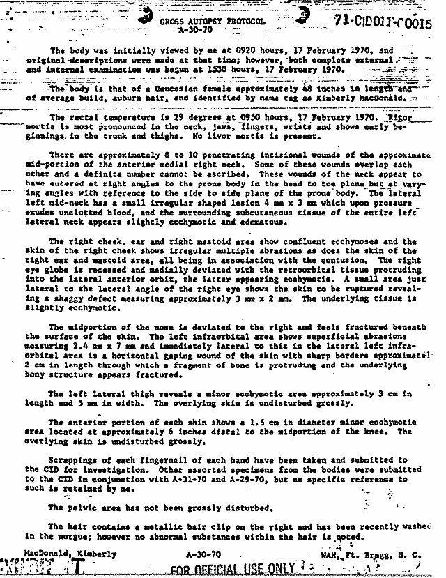 February 17, 1970: Certificate of Death and Autopsy Protocol for Kimberley MacDonald; page 3 of 13