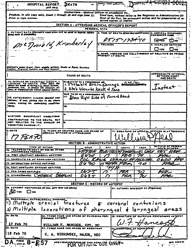 February 17, 1970: Certificate of Death and Autopsy Protocol for Kimberley MacDonald; page 8 of 13