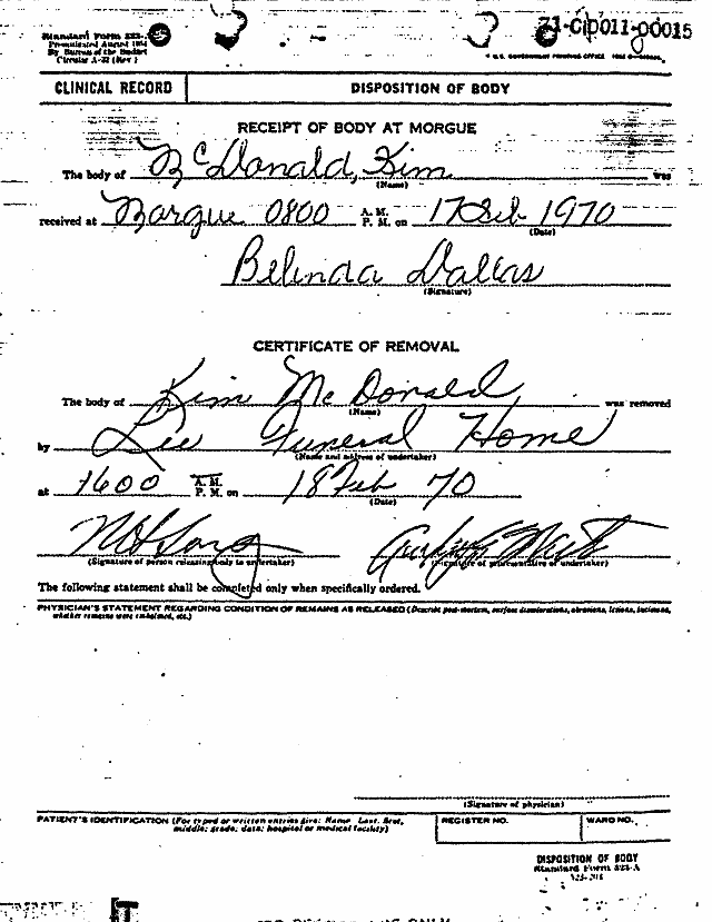 February 17, 1970: Certificate of Death and Autopsy Protocol for Kimberley MacDonald; page 13 of 13