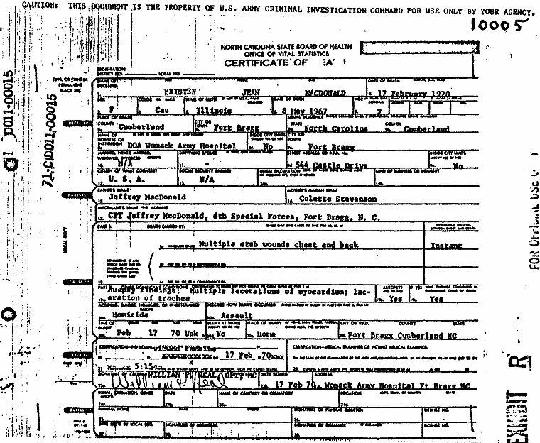 February 17, 1970: Certificate of Death and Autopsy Protocol for Kristen MacDonald; page 1 of 14