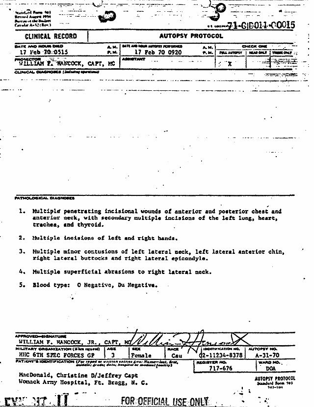 February 17, 1970: Certificate of Death and Autopsy Protocol for Kristen MacDonald; page 2 of 14