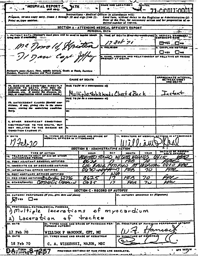 February 17, 1970: Certificate of Death and Autopsy Protocol for Kristen MacDonald; page 10 of 14