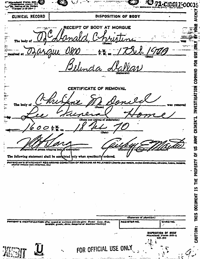 February 17, 1970: Certificate of Death and Autopsy Protocol for Kristen MacDonald; page 14 of 14