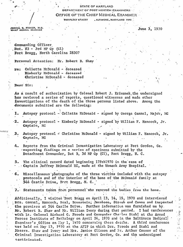 June 3, 1970: Letter from Dr. Fisher to Commanding Officer, Fort Bragg, NC; page 1 of 5