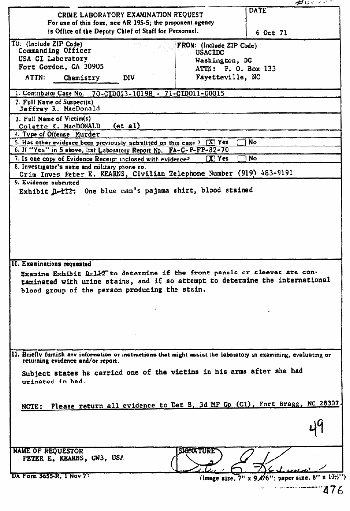 October 6, 1971: CID requst for urine testing of Jeffrey MacDonald's pajama top