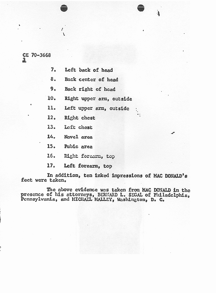 August 19, 1974; FBI Report re: photographs, hair samples and footprints of Jeffrey MacDonald; page 3 of 3