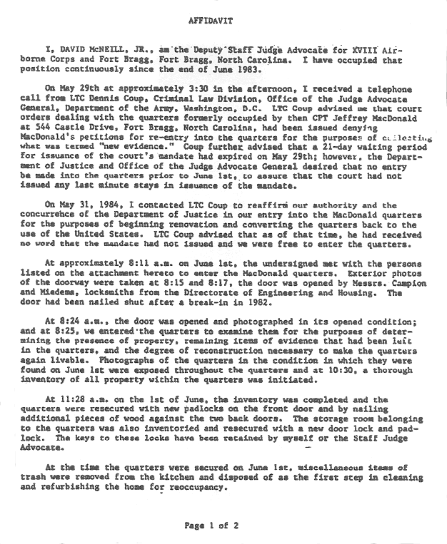 June 5, 1984: Affidavit of LTC David McNeill; page 1 of 2