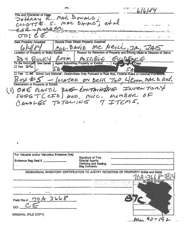 June 6, 1984<br>LTC David McNeill's CID property acquisition report re: 544 Castle Drive; page 1 of 3