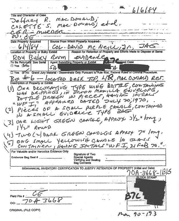 June 6, 1984<br>LTC David McNeill's CID property acquisition report re: 544 Castle Drive; page 2 of 3