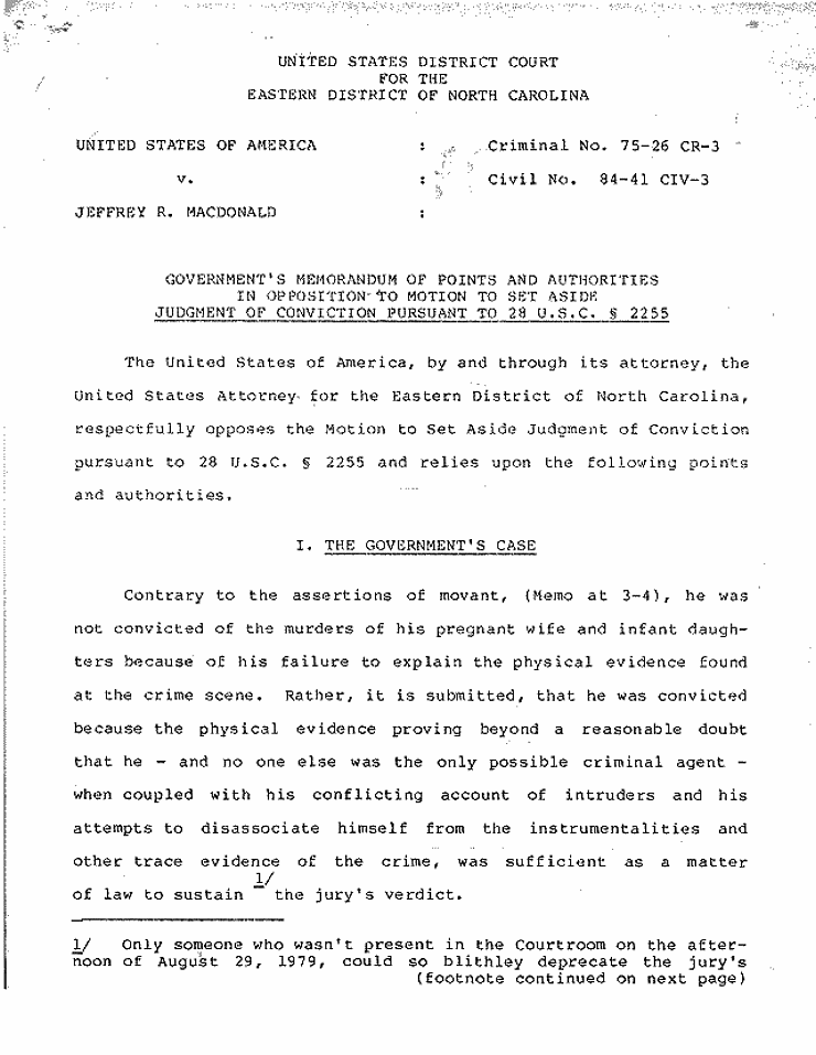 July 18, 1984: Government's Memorandum of Points and Authorities In Opposition To Motion To Set Aside Judgment of Conviction Pursuant To 28 U.S.C. § 2255; page 1 of 27