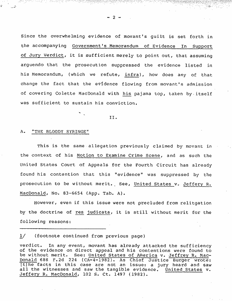 July 18, 1984: Government's Memorandum of Points and Authorities In Opposition To Motion To Set Aside Judgment of Conviction Pursuant To 28 U.S.C. § 2255; page 2 of 27