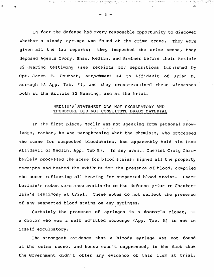July 18, 1984: Government's Memorandum of Points and Authorities In Opposition To Motion To Set Aside Judgment of Conviction Pursuant To 28 U.S.C. § 2255; page 5 of 27