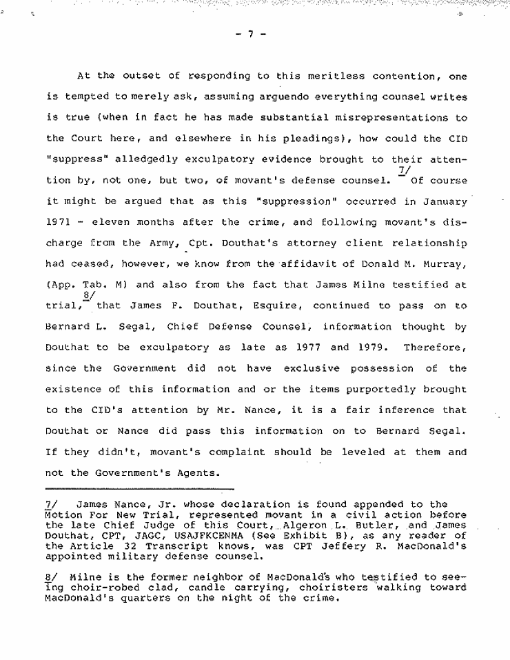July 18, 1984: Government's Memorandum of Points and Authorities In Opposition To Motion To Set Aside Judgment of Conviction Pursuant To 28 U.S.C. § 2255; page 7 of 27