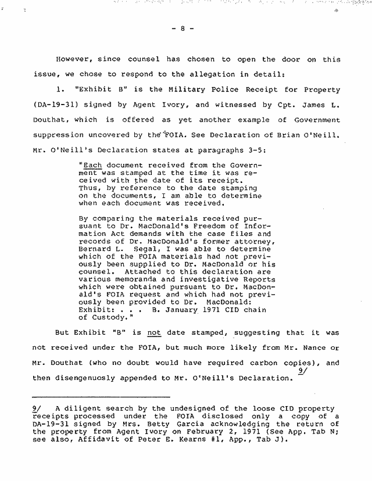 July 18, 1984: Government's Memorandum of Points and Authorities In Opposition To Motion To Set Aside Judgment of Conviction Pursuant To 28 U.S.C. § 2255; page 8 of 27