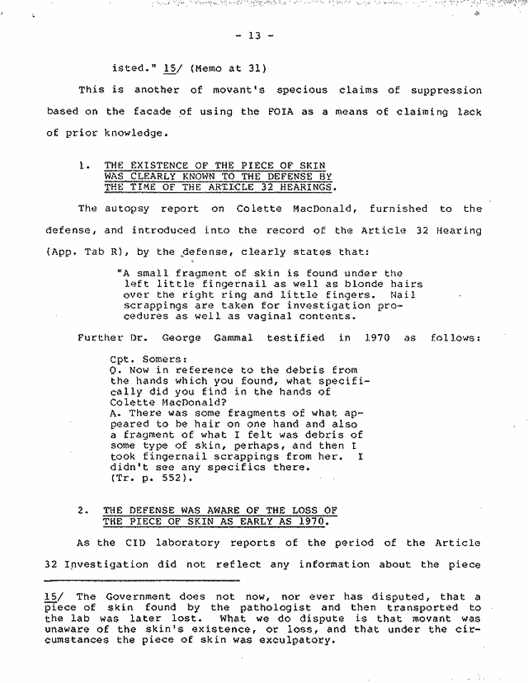 July 18, 1984: Government's Memorandum of Points and Authorities In Opposition To Motion To Set Aside Judgment of Conviction Pursuant To 28 U.S.C. § 2255; page 13 of 27