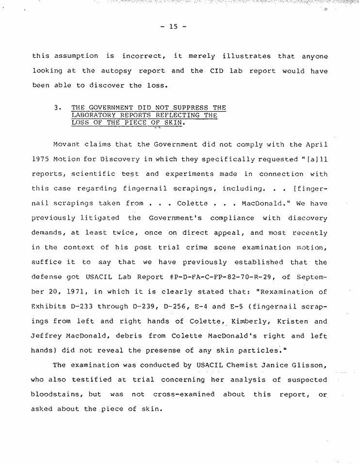 July 18, 1984: Government's Memorandum of Points and Authorities In Opposition To Motion To Set Aside Judgment of Conviction Pursuant To 28 U.S.C. § 2255; page 15 of 27