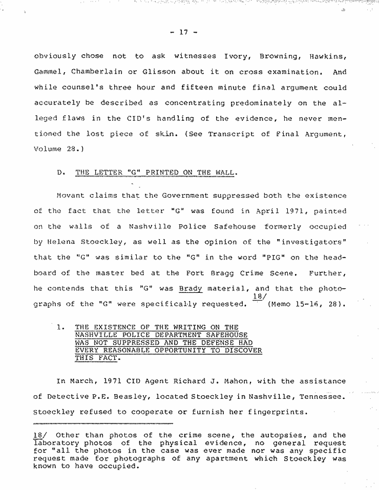 July 18, 1984: Government's Memorandum of Points and Authorities In Opposition To Motion To Set Aside Judgment of Conviction Pursuant To 28 U.S.C. § 2255; page 17 of 27