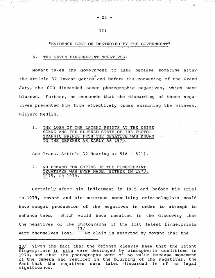 July 18, 1984: Government's Memorandum of Points and Authorities In Opposition To Motion To Set Aside Judgment of Conviction Pursuant To 28 U.S.C. § 2255; page 23 of 27