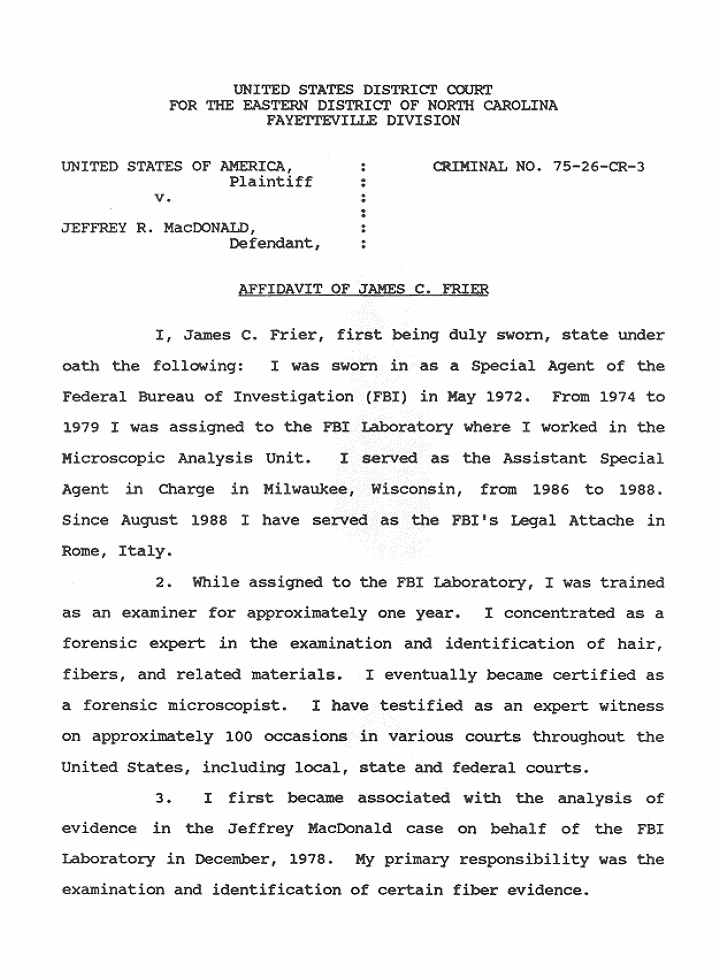 February 8, 1991: Affidavit of James Frier (FBI); page 1 of 5