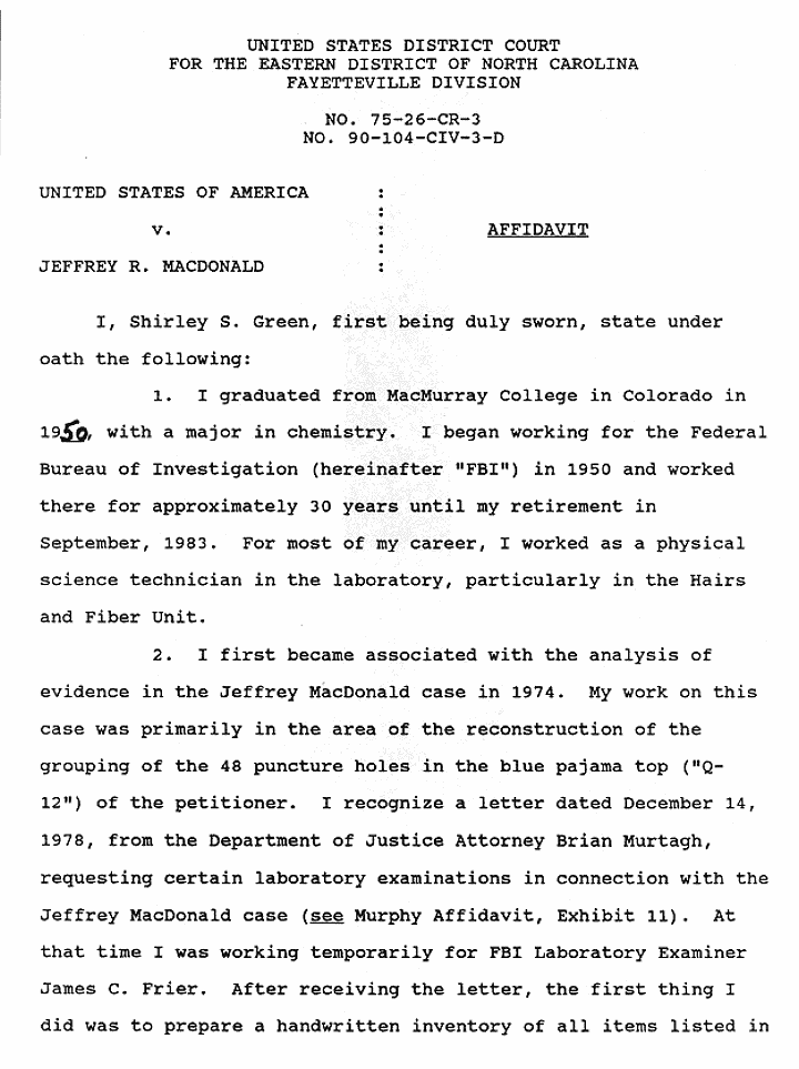 February 13, 1991: Affidavit of Shirley Green (FBI); page 1 of 5