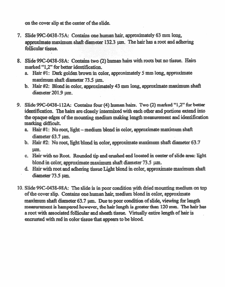 November 30, 1999: Armed Forces Medical Examiner Forensic Trace Materials Analysis Laboratory Examination Report, page 3 of 4