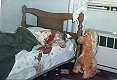 Northeast corner of bed in north bedroom (nearest stuffed toy dog), with body of Kristen MacDonald in bed