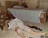 Bed in east bedroom, with body of Colette MacDonald on floor