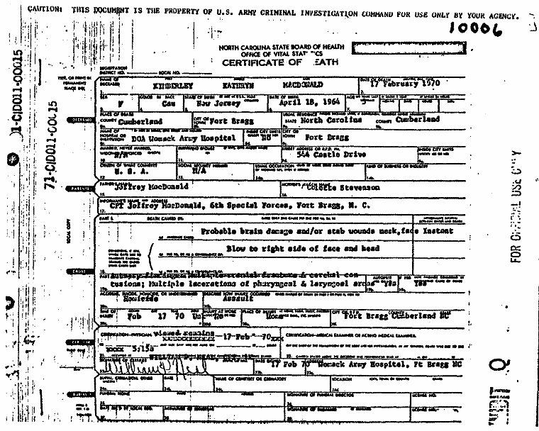 February 17, 1970: Certificate of Death and Autopsy Protocol for Kimberley MacDonald; page 1 of 13