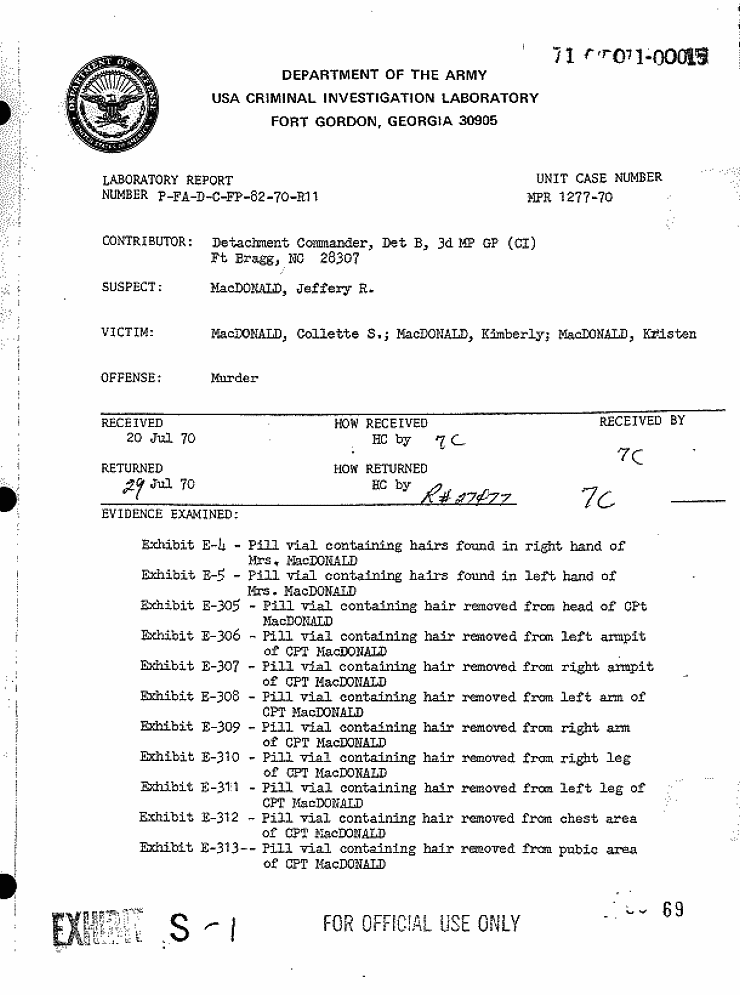 July 20, 1970: CID Laboratory Report P-FA-D-C-FP-82-70-R11, page 1 of 3