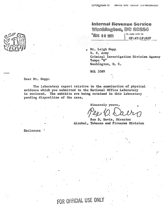 August 20, 1971: ATF results on comparison of rubber gloves and fragments, p. 1 of 3