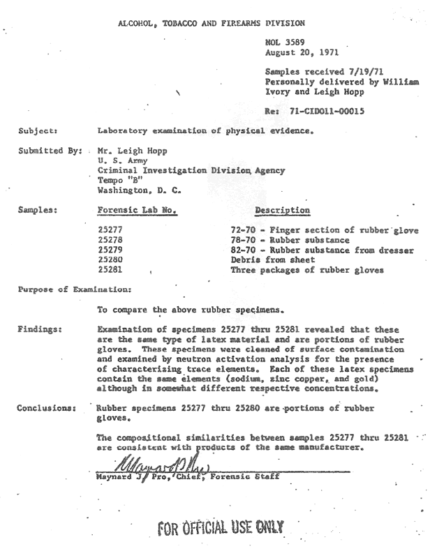 August 20, 1971: ATF results on comparison of rubber gloves and fragments, p. 2 of 3