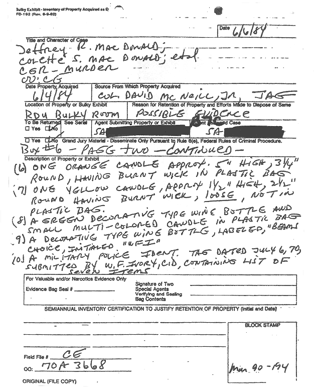 June 6, 1984<br>LTC David McNeill's CID property acquisition report re: 544 Castle Drive; page 3 of 3