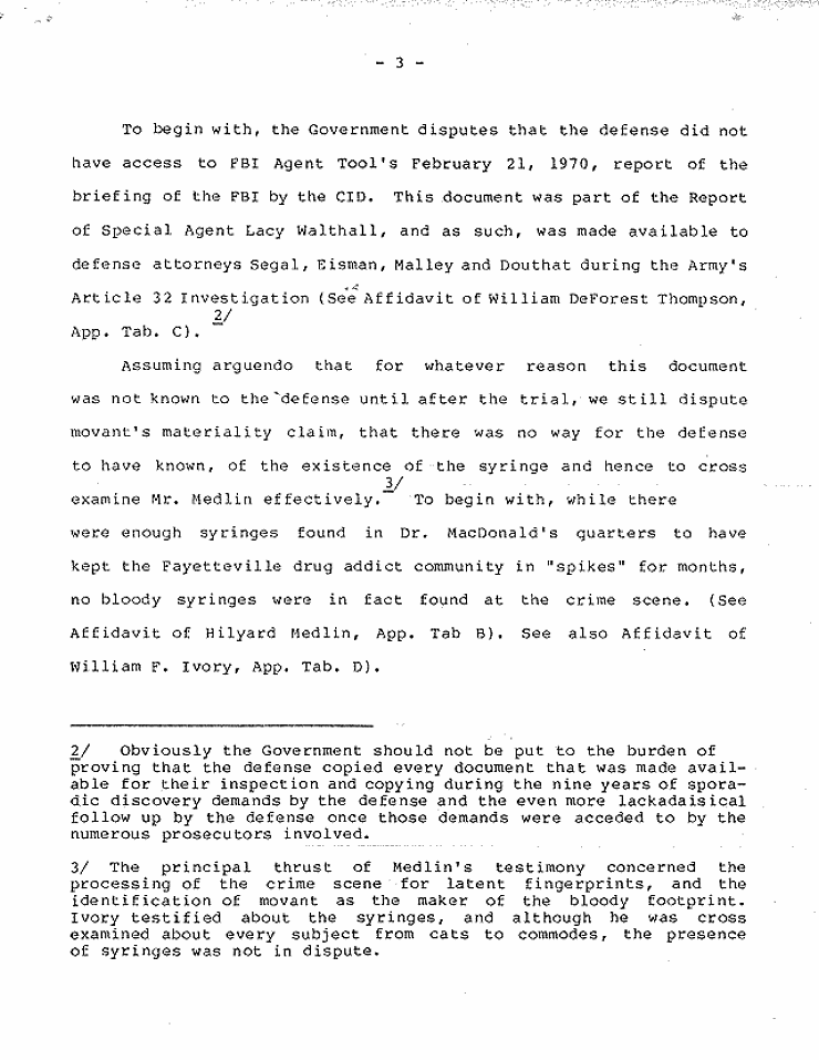 July 18, 1984: Government's Memorandum of Points and Authorities In Opposition To Motion To Set Aside Judgment of Conviction Pursuant To 28 U.S.C.  2255; page 3 of 27