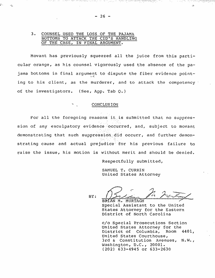 July 18, 1984: Government's Memorandum of Points and Authorities In Opposition To Motion To Set Aside Judgment of Conviction Pursuant To 28 U.S.C.  2255; page 26 of 27
