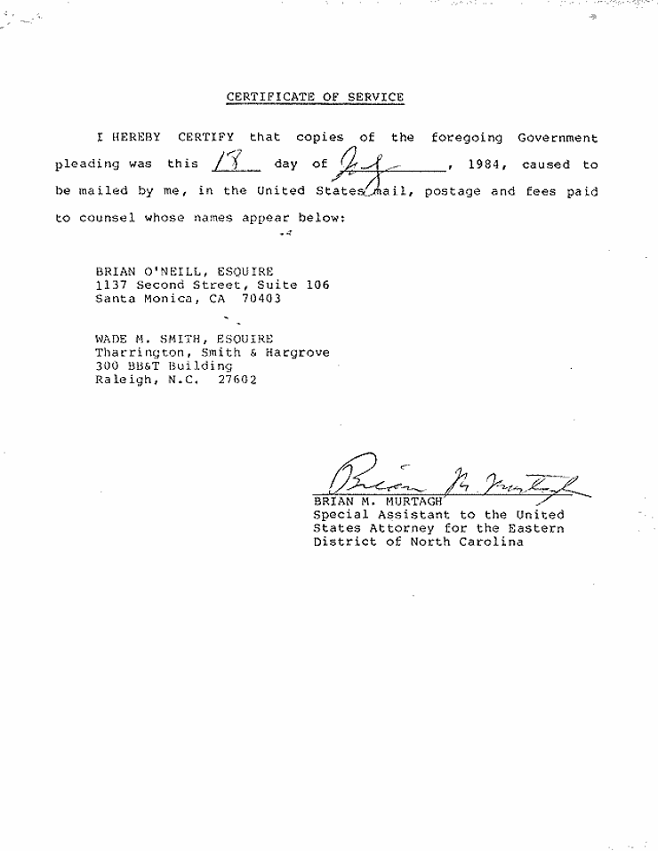 July 18, 1984: Government's Memorandum of Points and Authorities In Opposition To Motion To Set Aside Judgment of Conviction Pursuant To 28 U.S.C.  2255; page 27 of 27