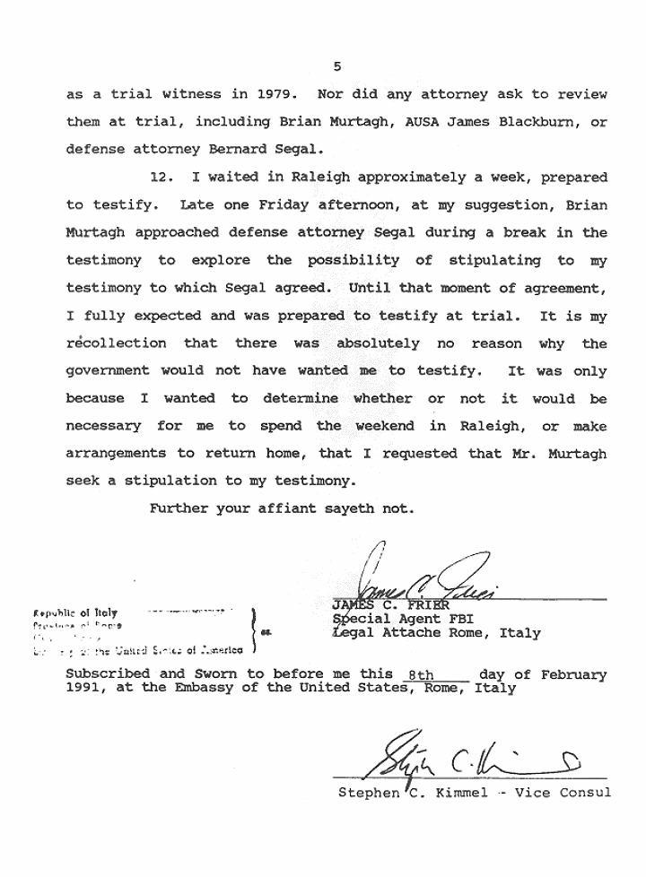 February 8, 1991: Affidavit of James Frier (FBI); page 5 of 5