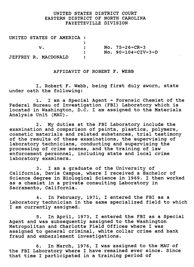 February 13, 1991: Affidavit of Robert Webb (FBI); page 1 of 3
