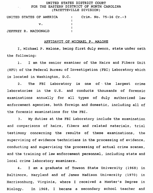 February 14, 1991: Affidavit of Michael Malone (FBI); page 1 of 14