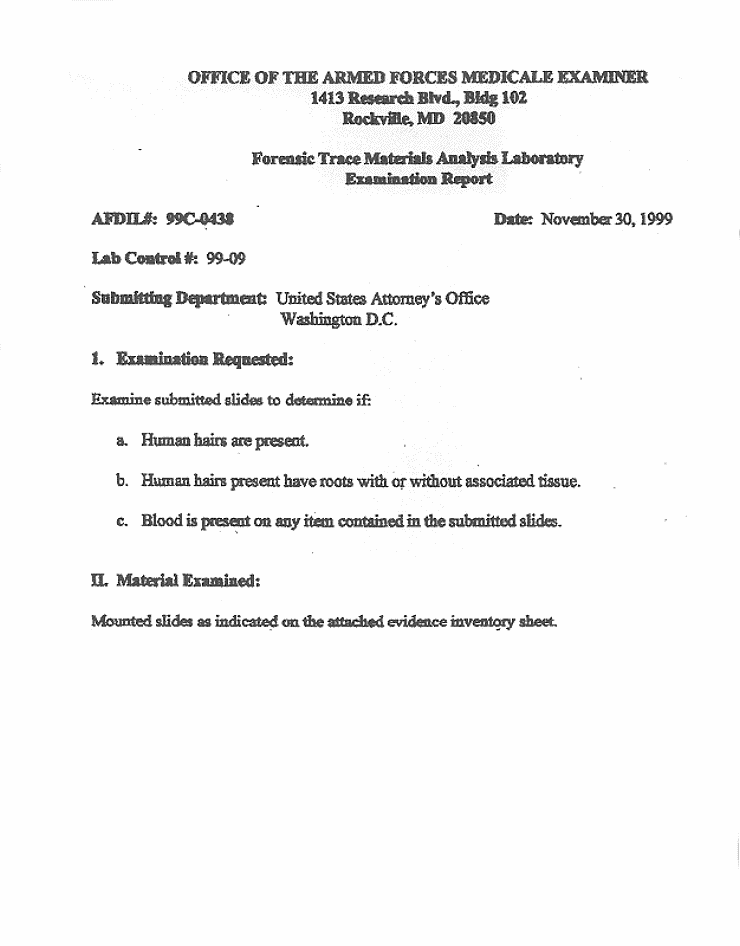 November 30, 1999: Armed Forces Medical Examiner Forensic Trace Materials Analysis Laboratory Examination Report, page 1 of 4