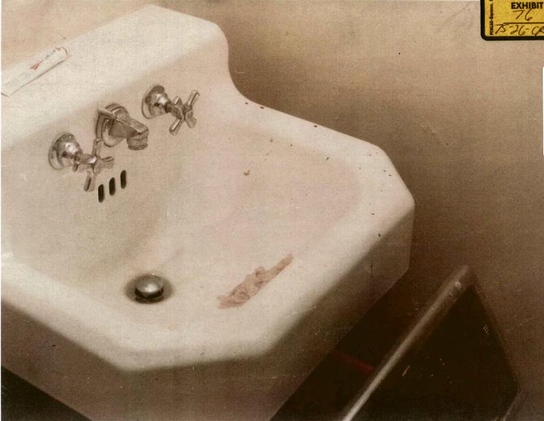 Sink in hall bathroom, with portion of stepladder (CID Exhibit D36; bottom right) and pink tissue (CID Exhibit D49) in sink